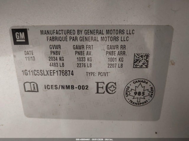 45004461 :رقم المزاد ، 1G11C5SLXEF176874 vin ، 2014 Chevrolet Malibu 1lt مزاد بيع