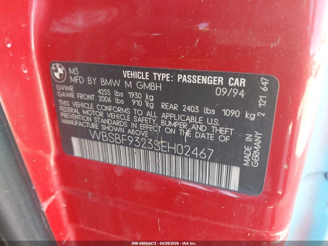 Aukcja sprzedaży 1995 Bmw M3, vin: WBSBF9323SEH02467, numer aukcji: 45004472