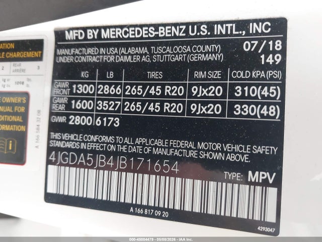 Aukcja sprzedaży 2018 Mercedes-benz Gle 350, vin: 4JGDA5JB4JB171654, numer aukcji: 45004479