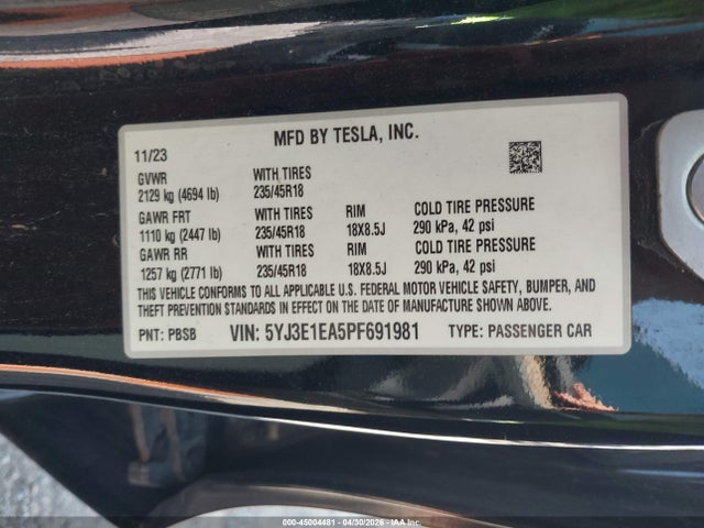 Продажа на аукционе авто 2023 Tesla Model 3 Rear-wheel Drive, vin: 5YJ3E1EA5PF691981, номер лота: 45004481