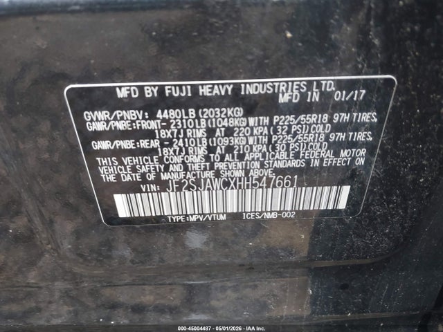 Продаж на аукціоні авто 2017 Subaru Forester 2.5i Touring, vin: JF2SJAWCXHH547661, номер лоту: 45004487