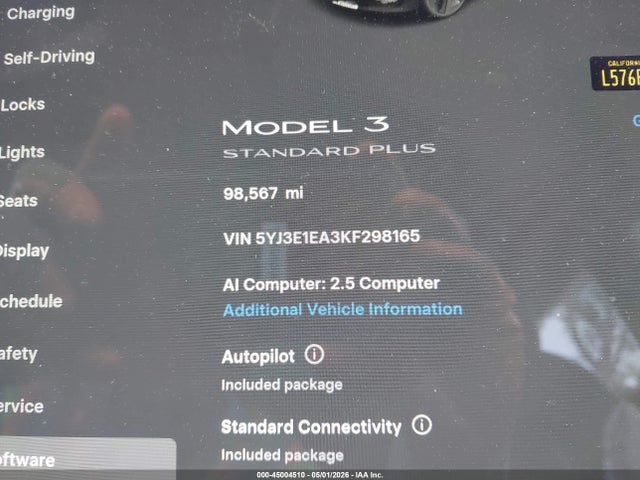 Aukcja sprzedaży 2019 Tesla Model 3 Long Range/mid Range/standard Range/standard Range Plus, vin: 5YJ3E1EA3KF298165, numer aukcji: 45004510