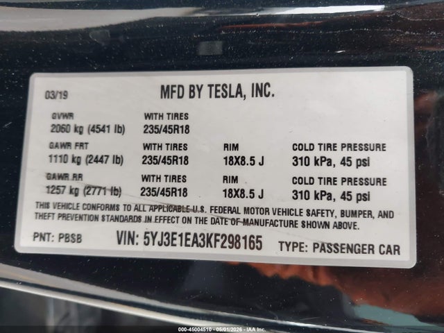 Aukcja sprzedaży 2019 Tesla Model 3 Long Range/mid Range/standard Range/standard Range Plus, vin: 5YJ3E1EA3KF298165, numer aukcji: 45004510