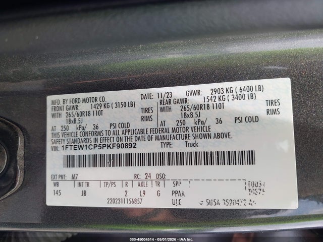 45004514 :رقم المزاد ، 1FTEW1CP5PKF90892 vin ، 2023 Ford F-150 Xl مزاد بيع