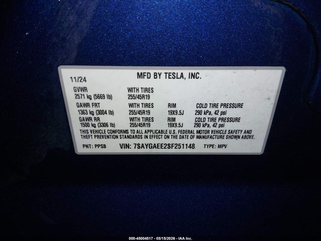 45004517 :رقم المزاد ، 7SAYGAEE2SF251148 vin ، 2025 Tesla Model Y Long Range Dual Motor All-wheel Drive مزاد بيع