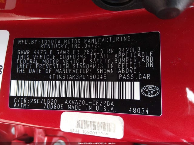 Продажа на аукционе авто 2023 Toyota Camry Xse, vin: 4T1K61AK3PU160045, номер лота: 45004520