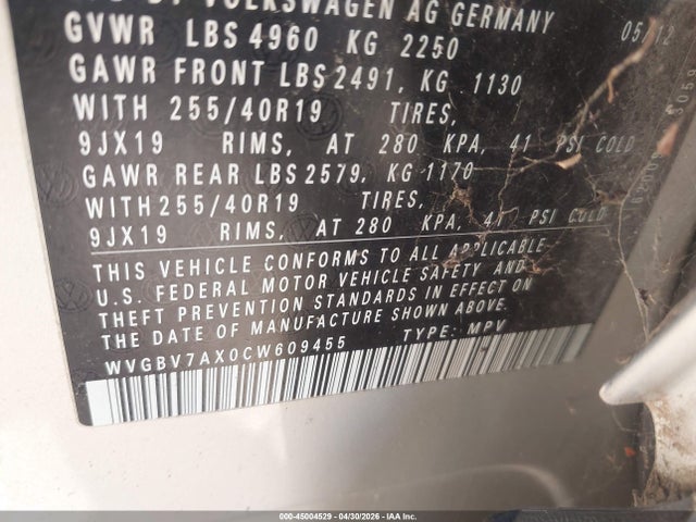 Продажа на аукционе авто 2012 Volkswagen Tiguan Sel, vin: WVGBV7AX0CW609455, номер лота: 45004529