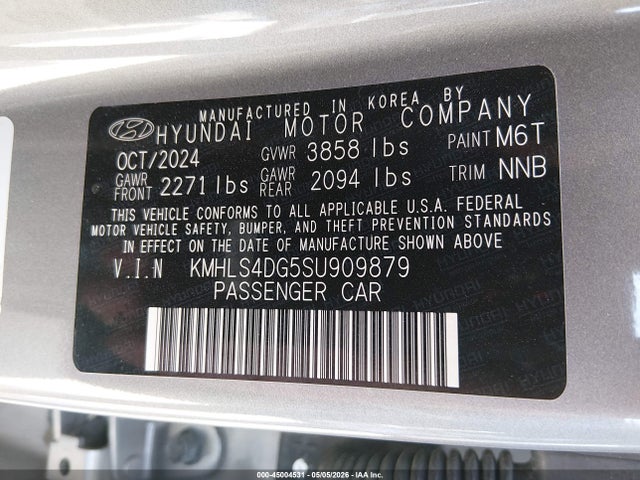 Aukcja sprzedaży 2025 Hyundai Elantra Sel Convenience, vin: KMHLS4DG5SU909879, numer aukcji: 45004531