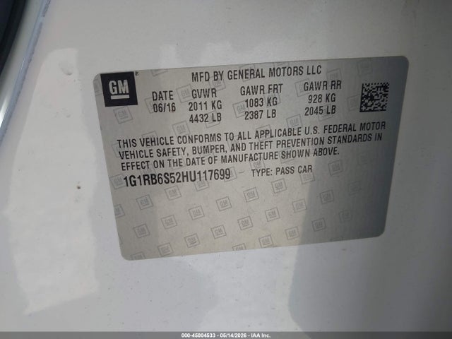 Aukcja sprzedaży 2017 Chevrolet Volt Premier, vin: 1G1RB6S52HU117699, numer aukcji: 45004533