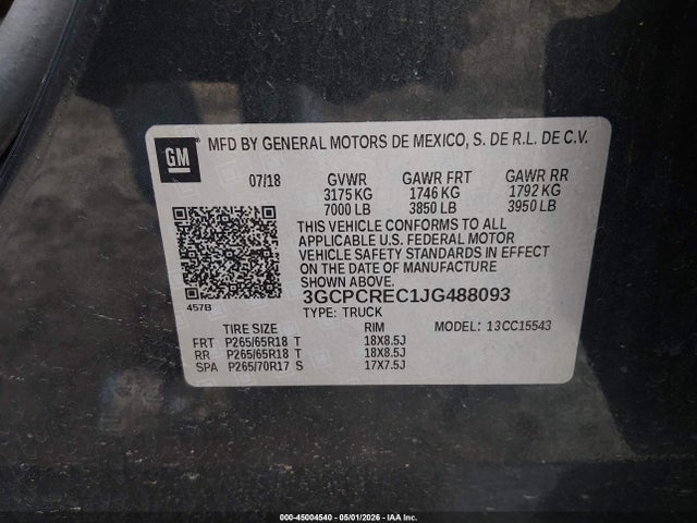 Aukcja sprzedaży 2018 Chevrolet Silverado 1500 1lt, vin: 3GCPCREC1JG488093, numer aukcji: 45004540