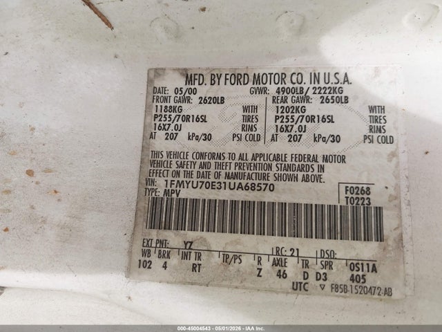 45004543 :رقم المزاد ، 1FMYU70E31UA68570 vin ، 2001 Ford Explorer Sport مزاد بيع