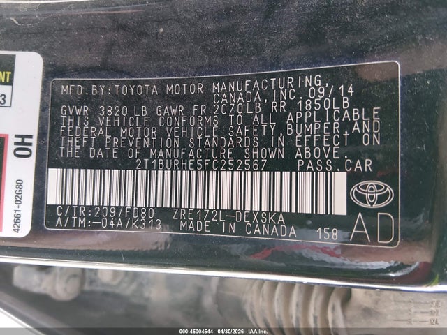 2015 Toyota Corolla S Plus მანქანა იყიდება აუქციონზე, vin: 2T1BURHE5FC252567, აუქციონის ნომერი: 45004544