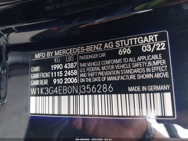 W1K3G4EB0NJ356286 Mercedes-Benz A 220