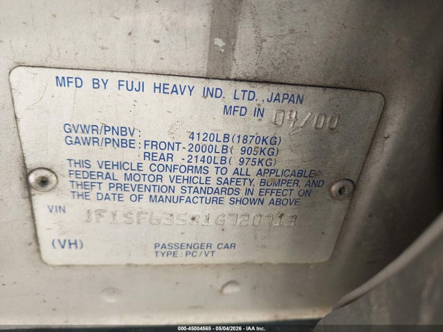 2001 Subaru Forester L მანქანა იყიდება აუქციონზე, vin: JF1SF63581G720713, აუქციონის ნომერი: 45004565