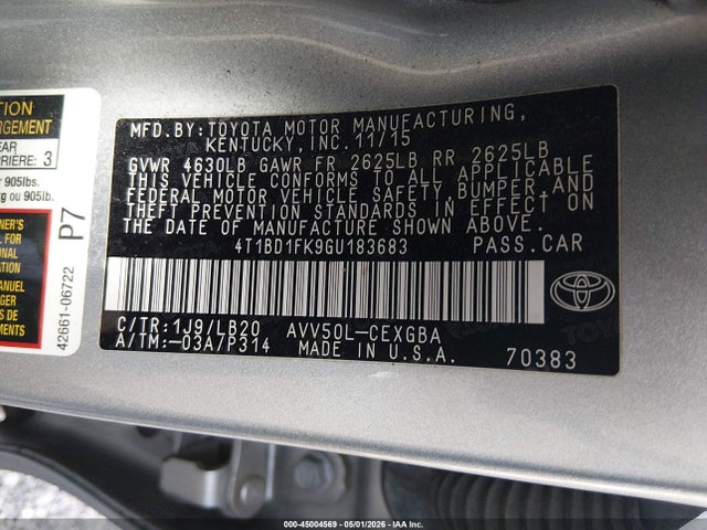 Aukcja sprzedaży 2016 Toyota Camry Hybrid Le/se/xle, vin: 4T1BD1FK9GU183683, numer aukcji: 45004569
