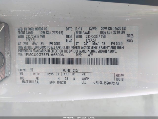 Продаж на аукціоні авто 2015 Ford Escape Se, vin: 1FMCU0G75FUA66996, номер лоту: 45004577