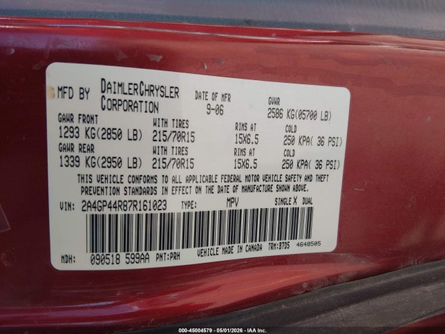 Aukcja sprzedaży 2007 Chrysler Town & Country Lx, vin: 2A4GP44R87R161023, numer aukcji: 45004579