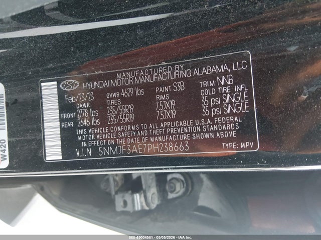 Aukcja sprzedaży 2023 Hyundai Tucson Sel, vin: 5NMJF3AE7PH238663, numer aukcji: 45004581