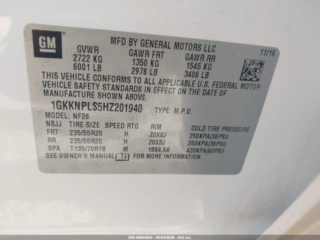 2017 Gmc Acadia Denali მანქანა იყიდება აუქციონზე, vin: 1GKKNPLS5HZ201940, აუქციონის ნომერი: 45004584