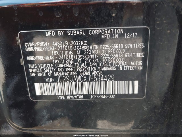 Продаж на аукціоні авто 2018 Subaru Forester 2.5i Touring, vin: JF2SJAWCXJH534429, номер лоту: 45004589