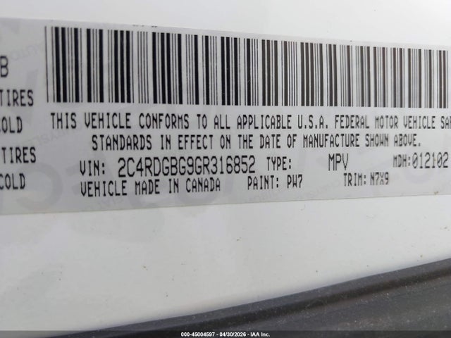 Aukcja sprzedaży 2016 Dodge Grand Caravan Se Plus, vin: 2C4RDGBG9GR316852, numer aukcji: 45004597