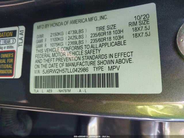 2020 Honda Cr-v Awd Ex მანქანა იყიდება აუქციონზე, vin: 5J6RW2H57LL042986, აუქციონის ნომერი: 45004613