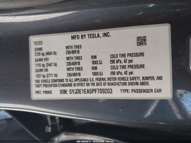 Auction sale of the 2023 Tesla Model 3 Rear-wheel Drive, vin: 5YJ3E1EA5PF709203, lot number: 45004617