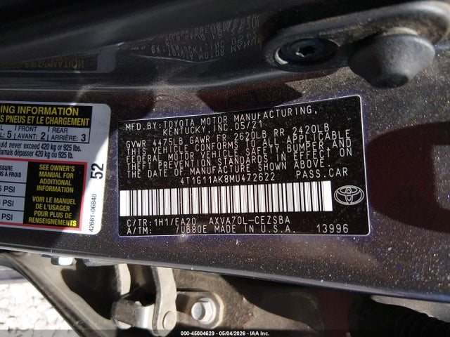 Продажа на аукционе авто 2021 Toyota Camry Se, vin: 4T1G11AK8MU472622, номер лота: 45004629