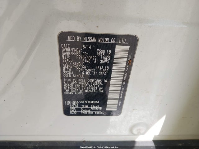 2015 Infiniti Qx80 მანქანა იყიდება აუქციონზე, vin: JN8AZ2NE5F9080351, აუქციონის ნომერი: 45004633