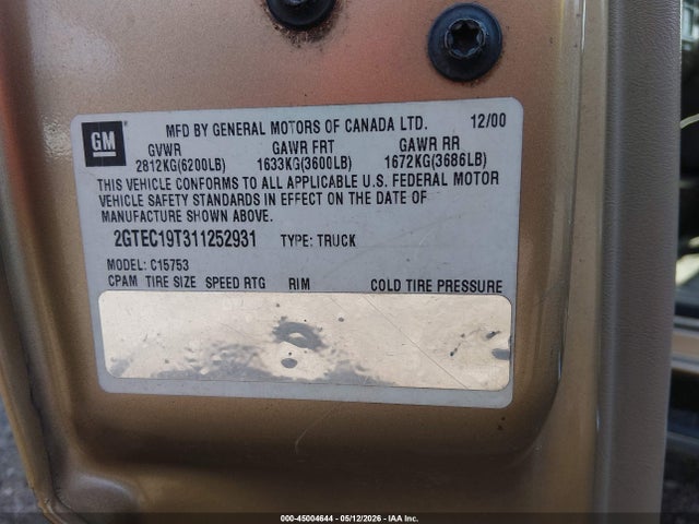 45004644 :رقم المزاد ، 2GTEC19T311252931 vin ، 2001 Gmc Sierra 1500 Sle مزاد بيع