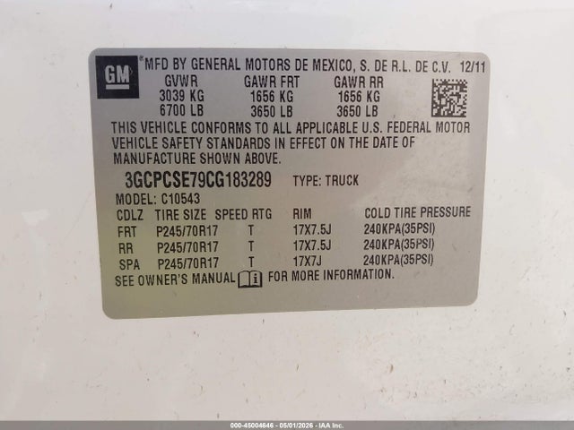 2012 Chevrolet Silverado 1500 Xtra Fuel Economy მანქანა იყიდება აუქციონზე, vin: 3GCPCSE79CG183289, აუქციონის ნომერი: 45004646