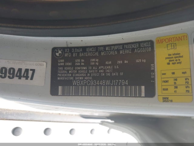 Aukcja sprzedaży 2008 Bmw X3 3.0si, vin: WBXPC93448WJ17794, numer aukcji: 45004648