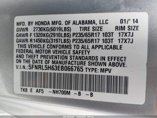 Продажа на аукционе авто 2014 Honda Odyssey Ex-l, vin: 5FNRL5H63EB066765, номер лота: 45004657