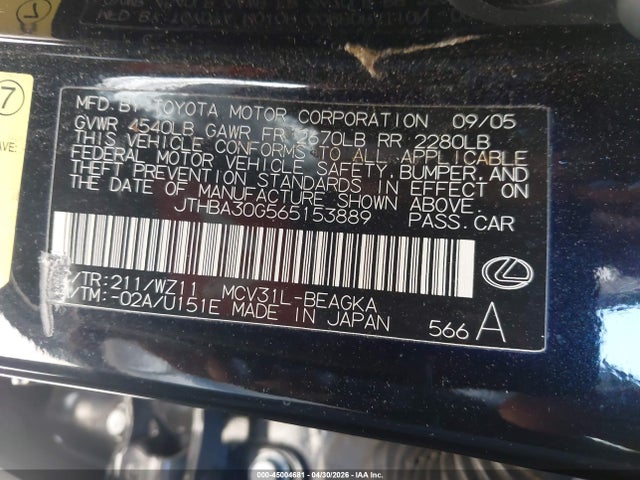 45004681 :رقم المزاد ، JTHBA30G565153889 vin ، 2006 Lexus Es 330 مزاد بيع