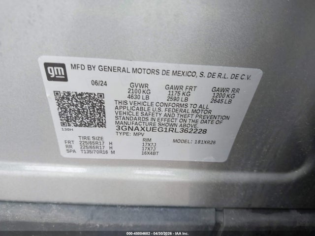 45004682 :رقم المزاد ، 3GNAXUEG1RL362228 vin ، 2024 Chevrolet Equinox Awd Lt مزاد بيع