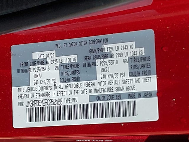 Продаж на аукціоні авто 2023 Mazda Cx-5 2.5 S Premium Plus, vin: JM3KFBEM9P0252488, номер лоту: 45004691