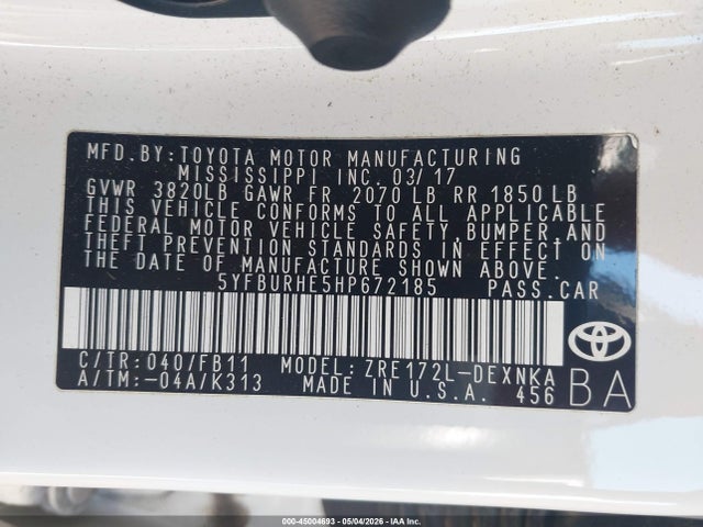 Продажа на аукционе авто 2017 Toyota Corolla L/le/se/se Special Edition/xle/xse, vin: 5YFBURHE5HP672185, номер лота: 45004693