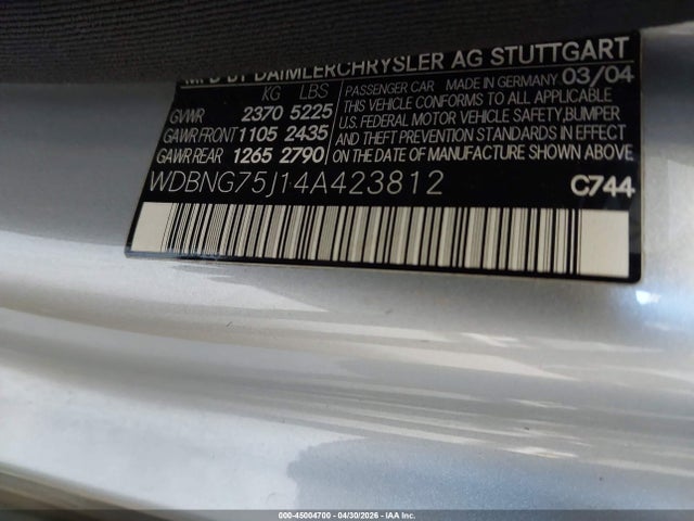 45004700 :رقم المزاد ، WDBNG75J14A423812 vin ، 2004 Mercedes-benz S 500 مزاد بيع