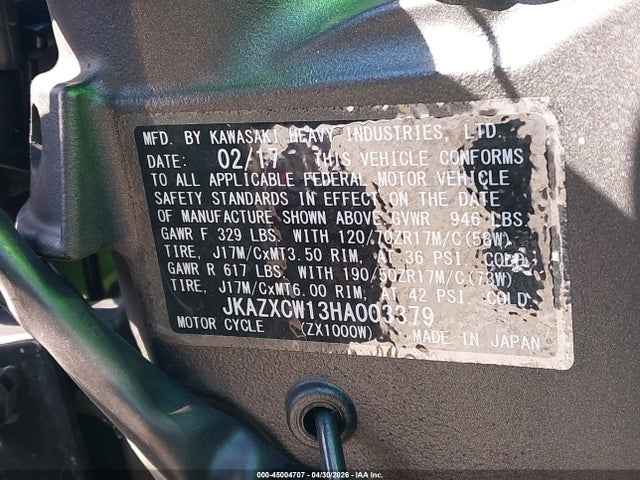 45004707 :رقم المزاد ، JKAZXCW13HA003379 vin ، 2017 Kawasaki Zx1000 W مزاد بيع