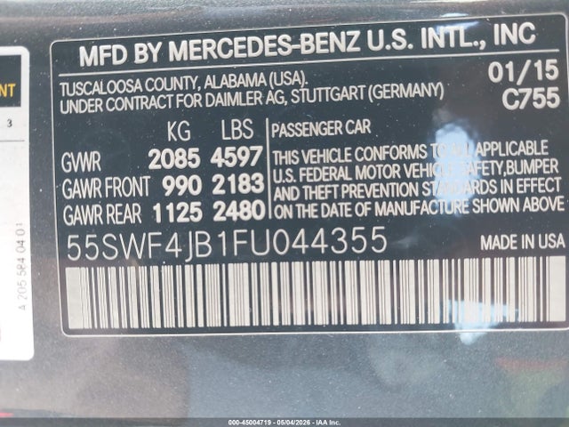 45004719 :رقم المزاد ، 55SWF4JB1FU044355 vin ، 2015 Mercedes-benz C 300 Luxury/sport مزاد بيع