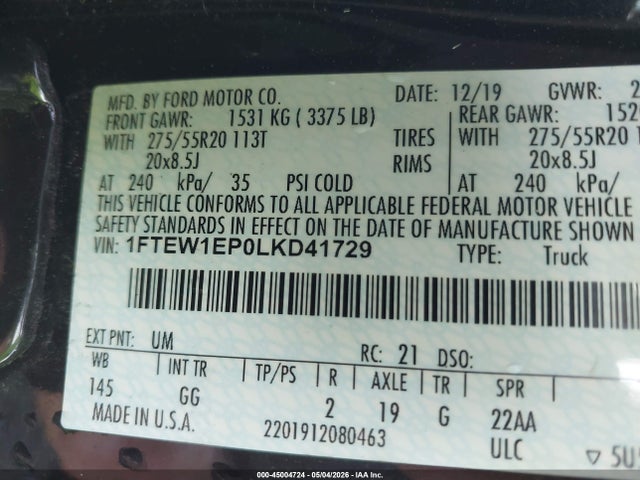 Aukcja sprzedaży 2020 Ford F-150 Xl, vin: 1FTEW1EP0LKD41729, numer aukcji: 45004724