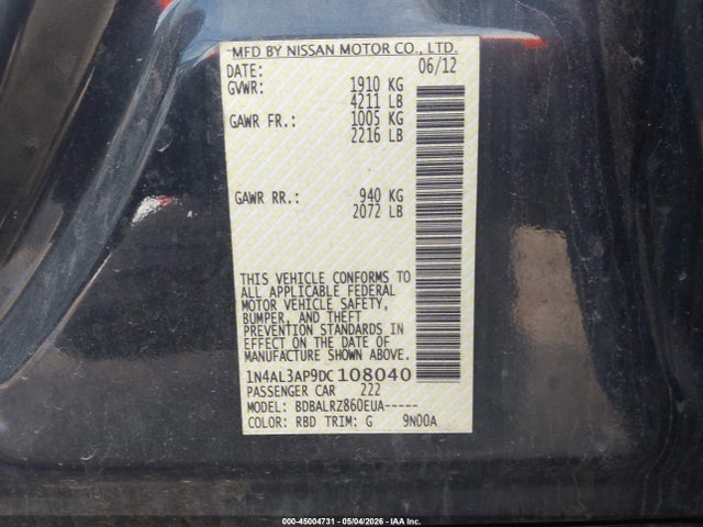 2013 Nissan Altima 2.5 S მანქანა იყიდება აუქციონზე, vin: 1N4AL3AP9DC108040, აუქციონის ნომერი: 45004731