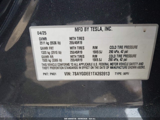 Aukcja sprzedaży 2026 Tesla Model Y All-wheel Drive/long Range Launch Series/premium All-wheel Drive, vin: 7SAYGDEE1TA393913, numer aukcji: 45004736