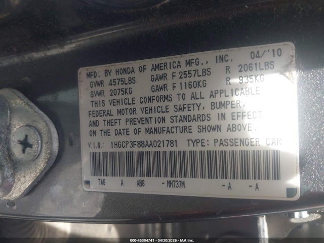 45004741 :رقم المزاد ، 1HGCP3F88AA021781 vin ، 2010 Honda Accord 3.5 Ex-l مزاد بيع