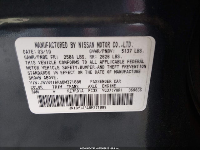 Aukcja sprzedaży 2011 Infiniti M37x, vin: JN1BY1AR4BM371889, numer aukcji: 45004748