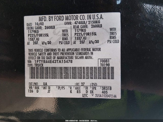 Продаж на аукціоні авто 2003 Ford Ranger Xlt, vin: 1FTYR44E43TA15478, номер лоту: 45004749