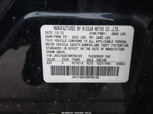 2013 Infiniti G37x მანქანა იყიდება აუქციონზე, vin: JN1CV6AR7DM756165, აუქციონის ნომერი: 45004750