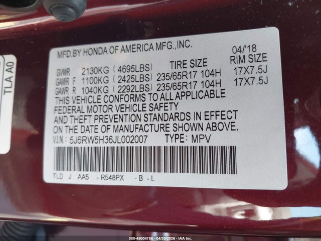 2018 Honda Cr-v Lx მანქანა იყიდება აუქციონზე, vin: 5J6RW5H36JL002007, აუქციონის ნომერი: 45004756
