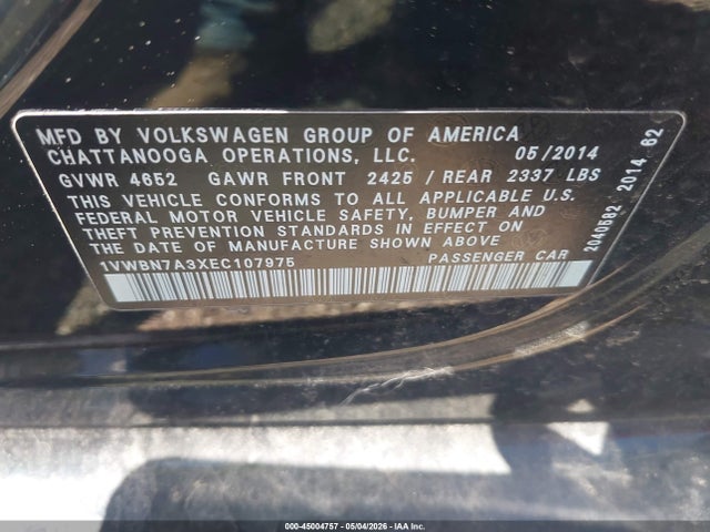 Aukcja sprzedaży 2014 Volkswagen Passat 2.0l Tdi Se, vin: 1VWBN7A3XEC107975, numer aukcji: 45004757