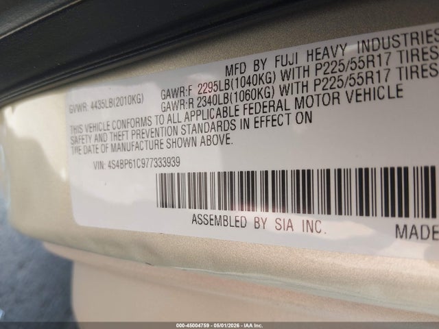 2007 Subaru Outback 2.5i მანქანა იყიდება აუქციონზე, vin: 4S4BP61C977333939, აუქციონის ნომერი: 45004759